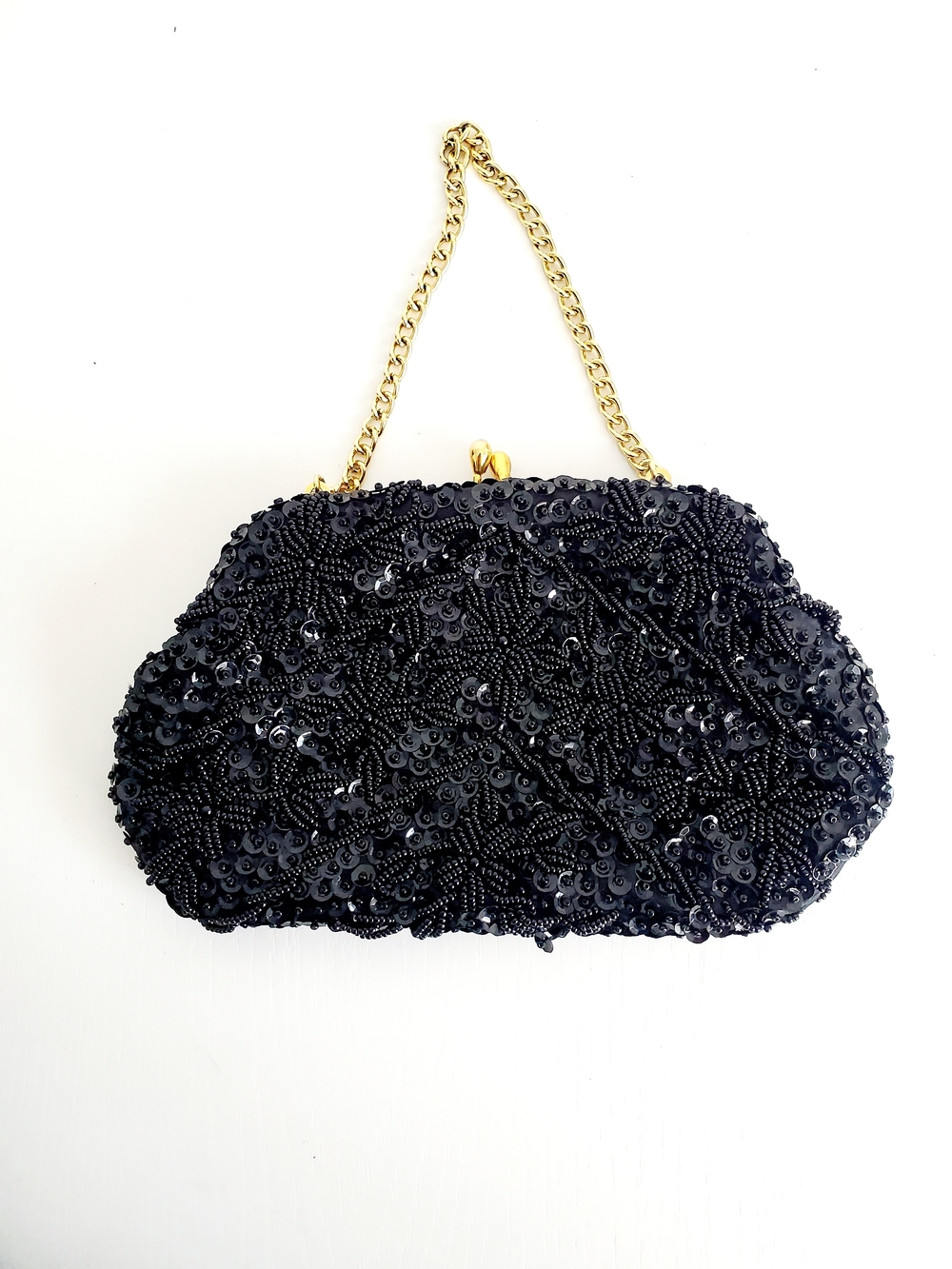 Black Beaded Evening Clutch with Gold Chain
